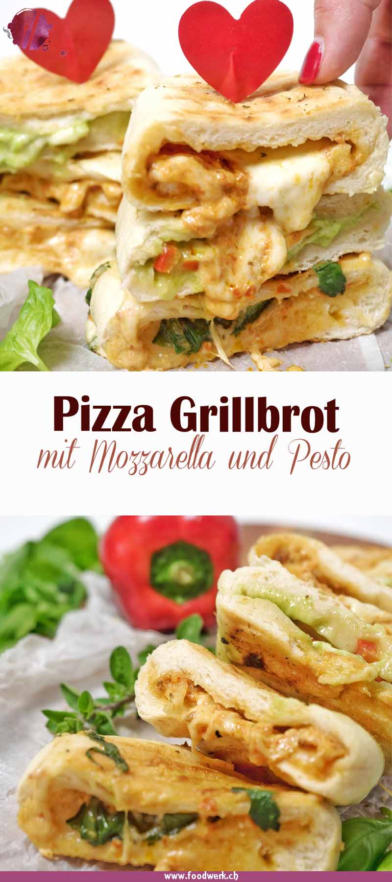 Leckeres Pizza Grillbrot mit Mozzarella, Pesto und frischem Gemüse.