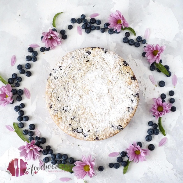 Käsekuchen mit Streuseln und Blaubeeren ganz mit Blaubeeren umringt