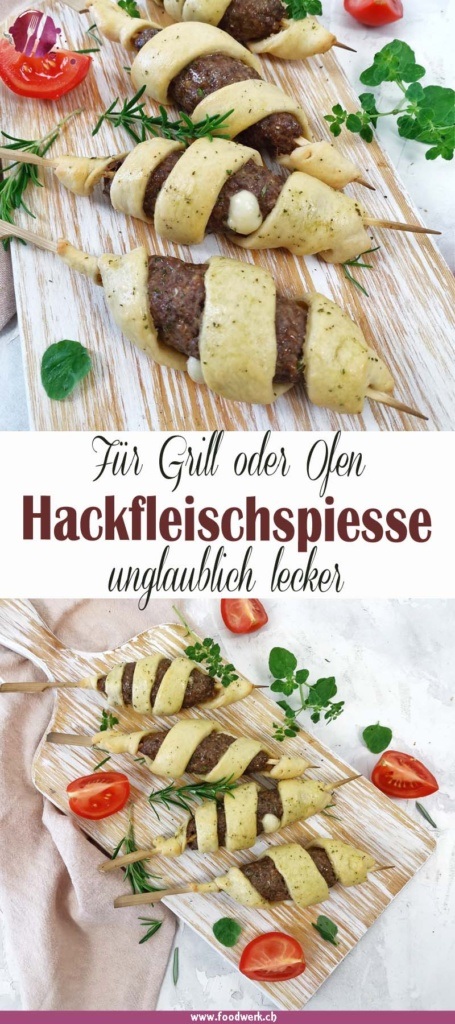 Hackfleischspiesse mit Pizza Teig und Mozzarella vom Grill oder Backofen als Pinterest Pin