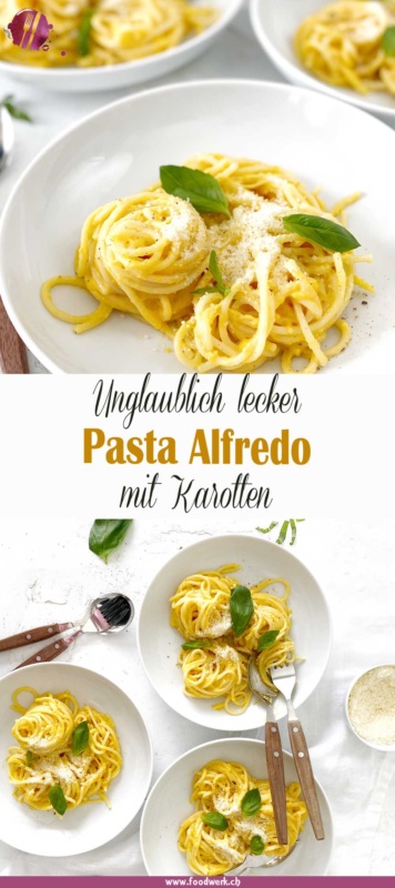 Pasta Alfredo mit Karotten. Viele kennen die Pasta Alfredo mit Kürbis. Wir haben uns daher gedacht, dass dies sicher auch mit Karotten gut schmecken würde.