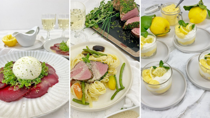 Die 3 Gänge auf einem Bild präsentiert. Von Links nach rechts sind dies, das Randencarpaccio mit Burrata und Kresse, das Kalbsfilet mit Kräuter und Nudeln und als Nachtisch das Zitronen SChichtdessert im Glas mit Lemoncurd und Quarkcreme