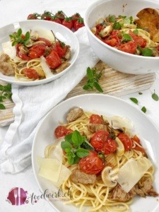 Spaghetti Ticinesi mit frischen Tomaten, Pilzen und Kalbfleisch