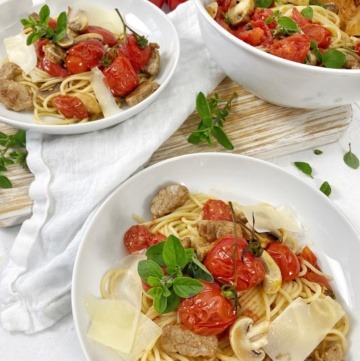 Spaghetti Ticinesi mit frischen Tomaten, Pilzen und Kalbfleisch